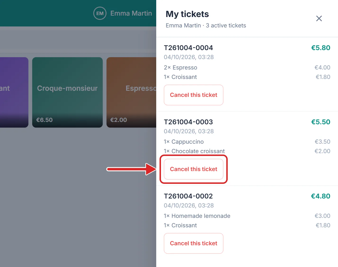 The till's "My tickets" list