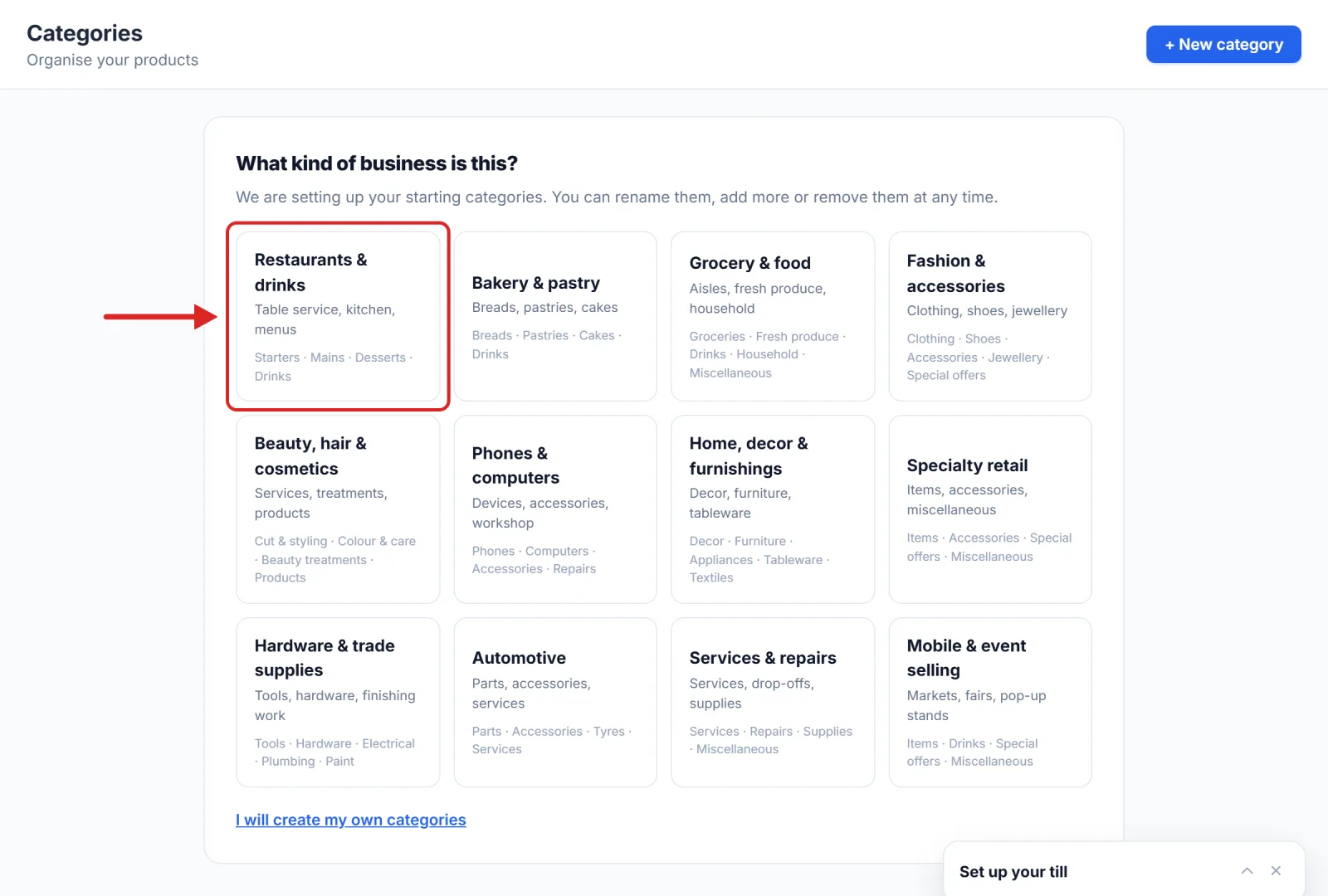 Choosing your kind of business, which sets up your categories in one click