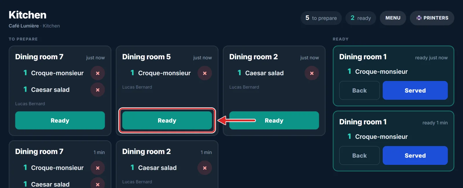 The kitchen screen: orders to prepare and orders ready