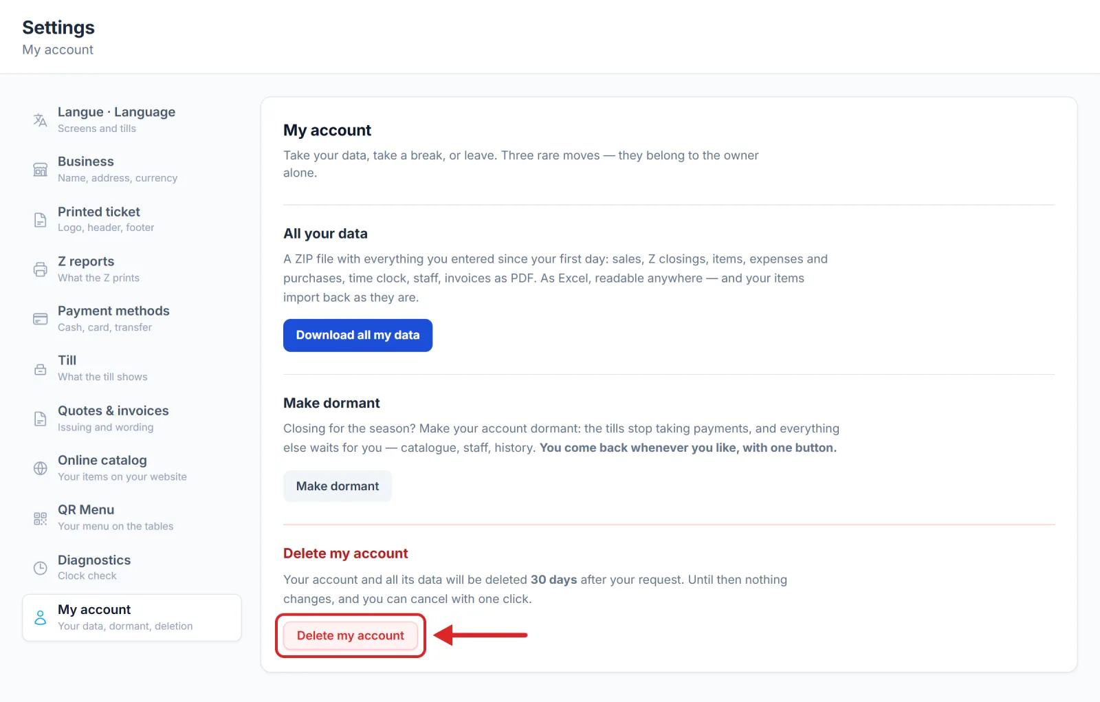 The Delete my account block, at the bottom of the My account screen