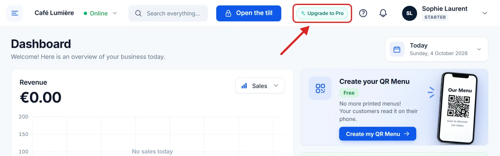 The top bar of a Starter account, with the Upgrade to Pro button