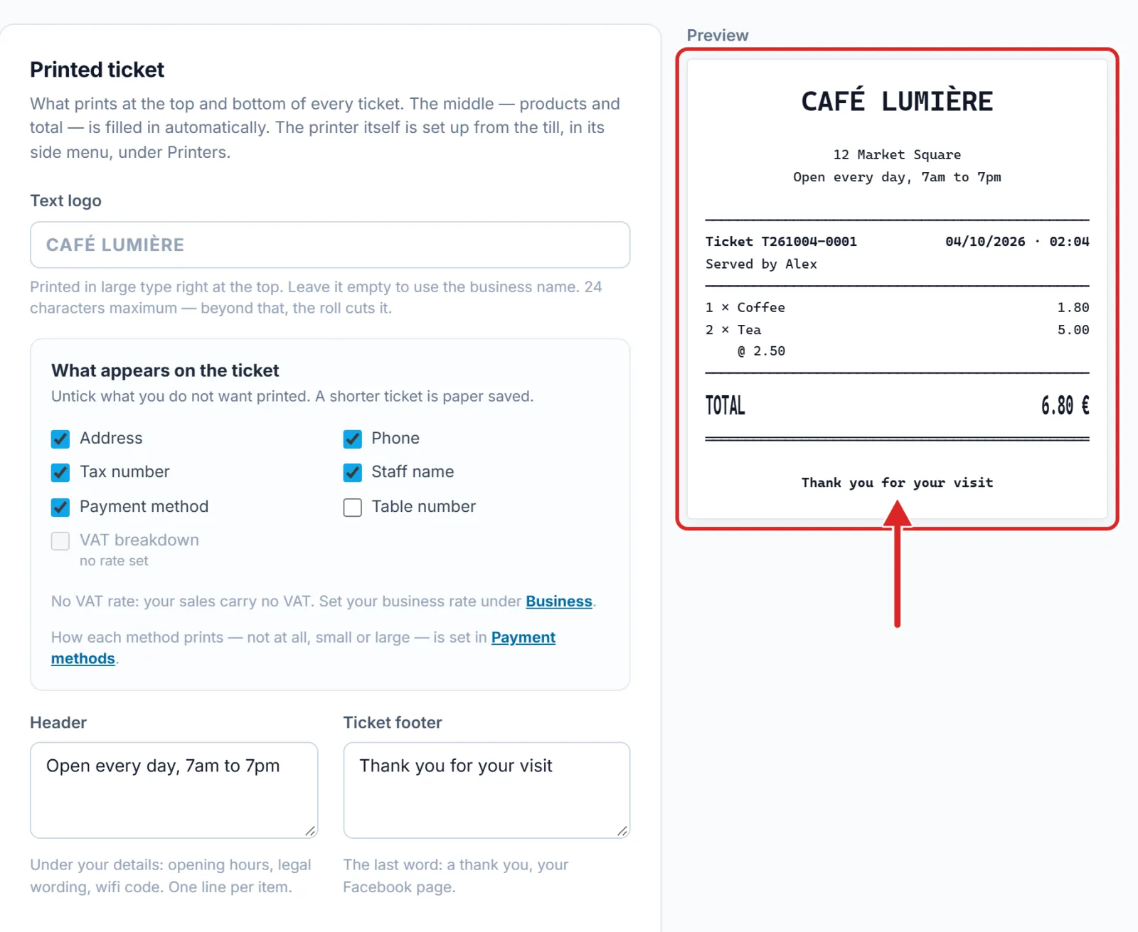 The ticket preview, which follows what you type