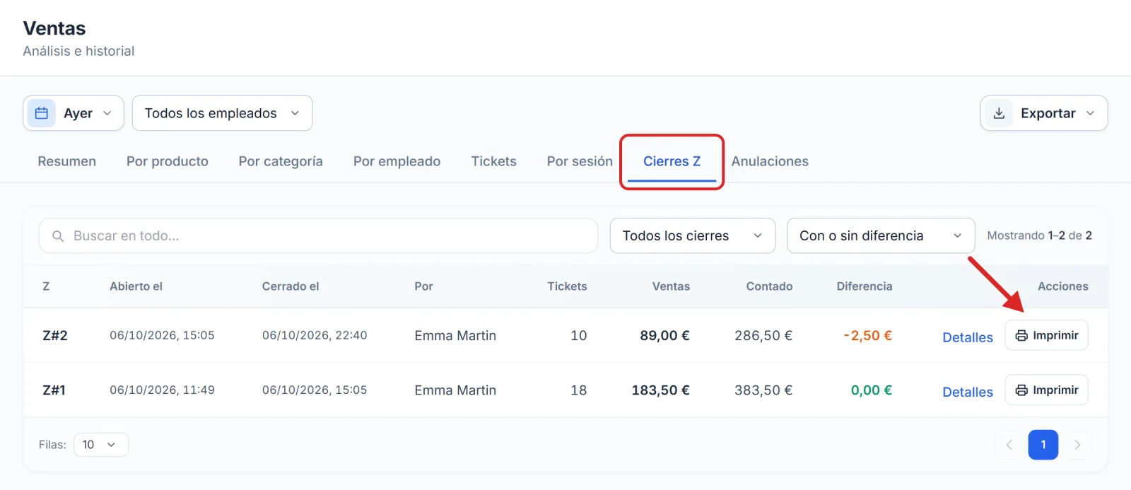 El historial de los Z en Ventas › Cierres Z