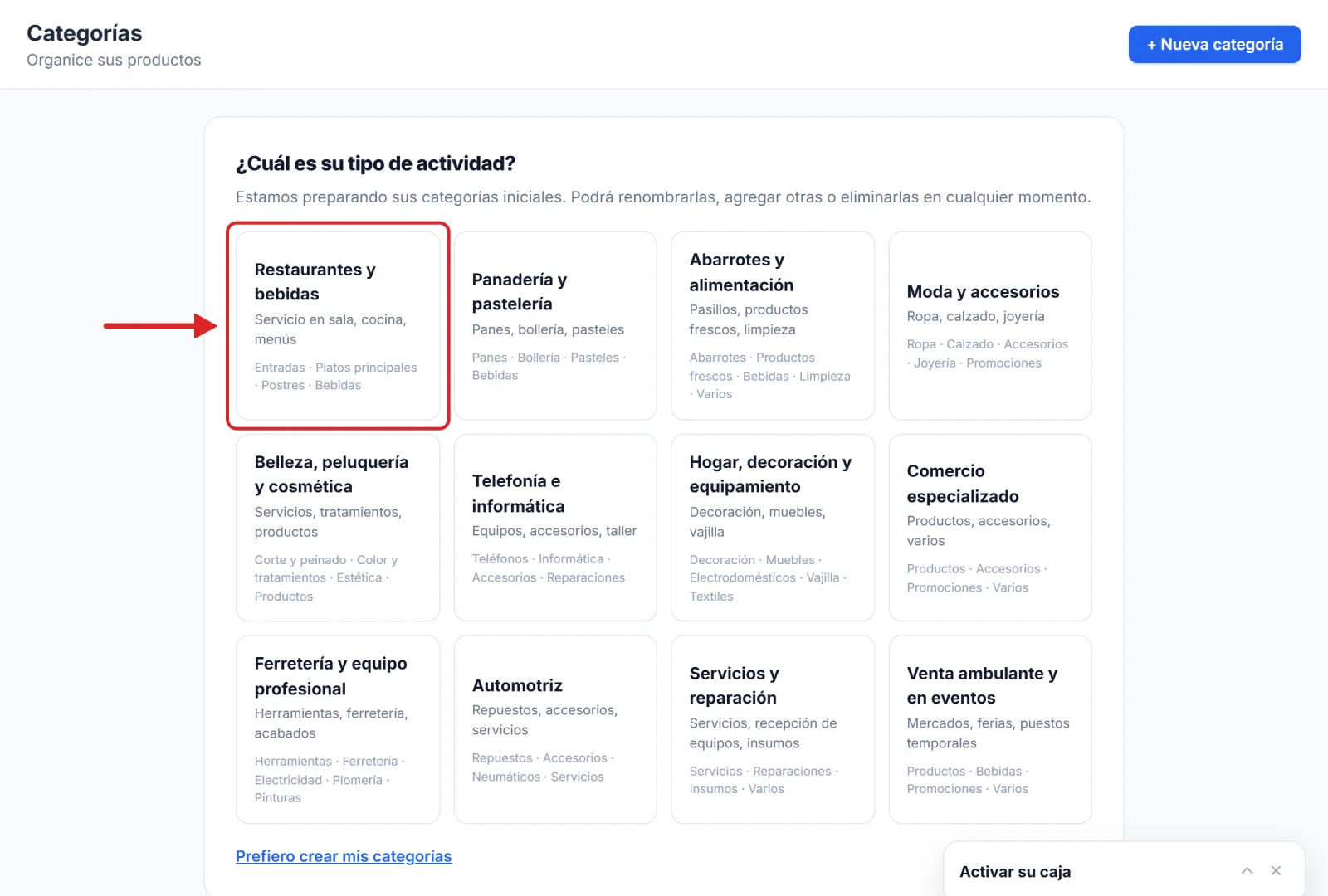 La elección del tipo de actividad, que prepara sus categorías con un clic