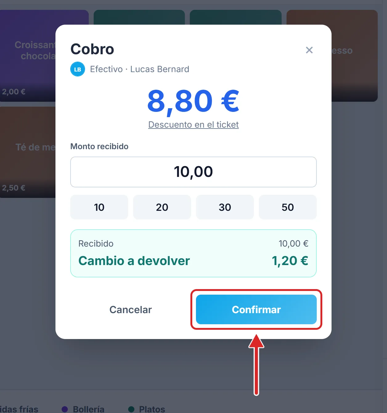 La ventana de cobro, con el cambio a devolver