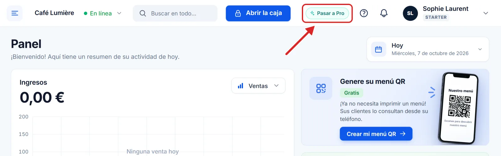 La barra superior de una cuenta Starter, con el botón Pasar a Pro