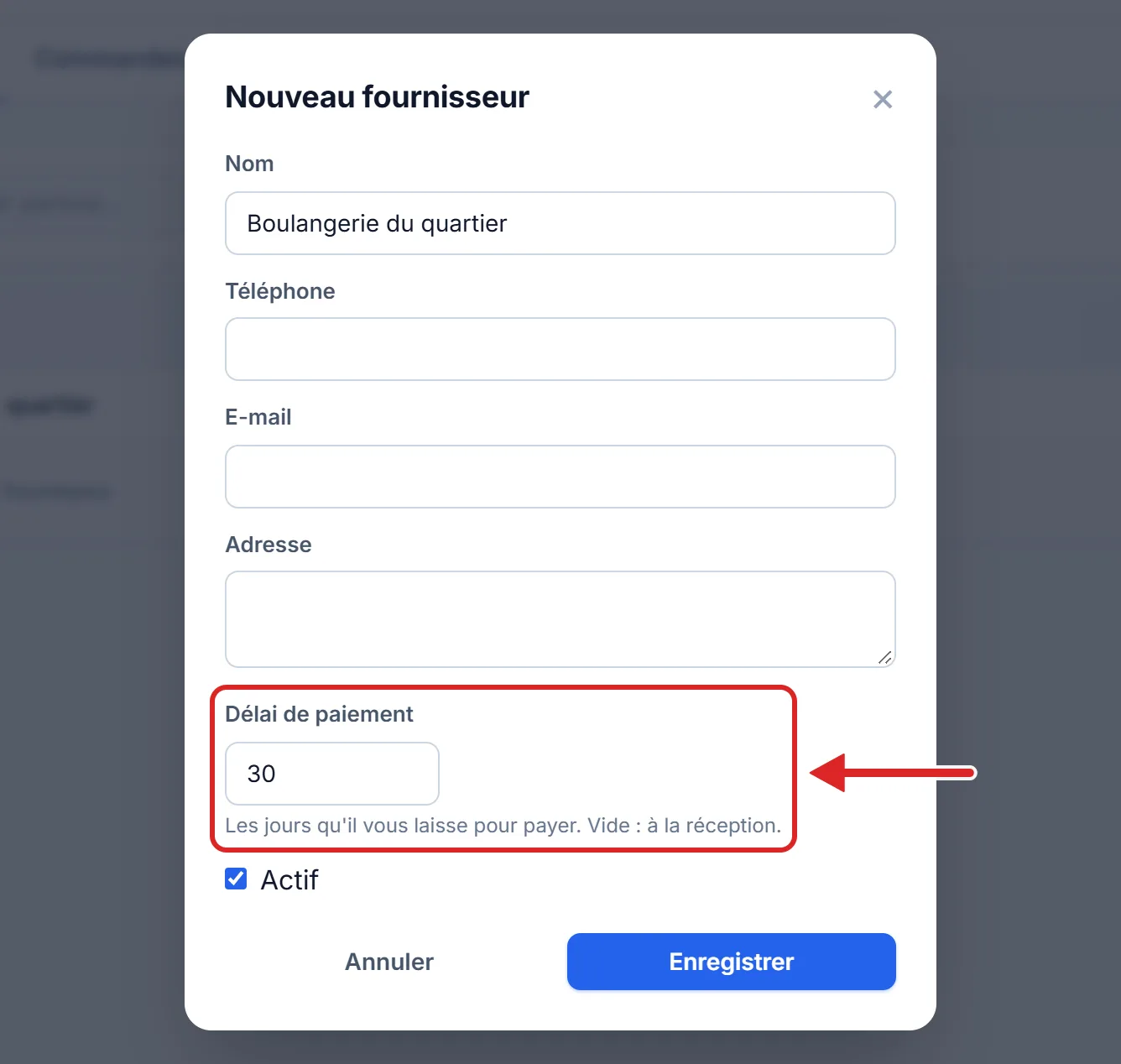 La fiche d'un nouveau fournisseur, avec son délai de paiement
