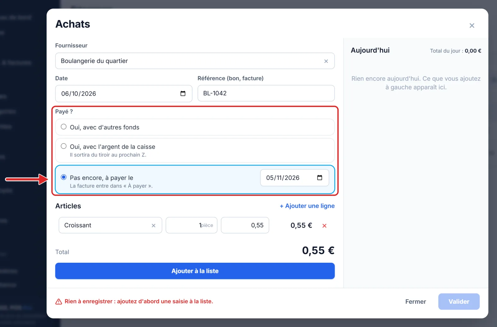 La saisie d'un achat, avec la question Payé ? et ses trois réponses