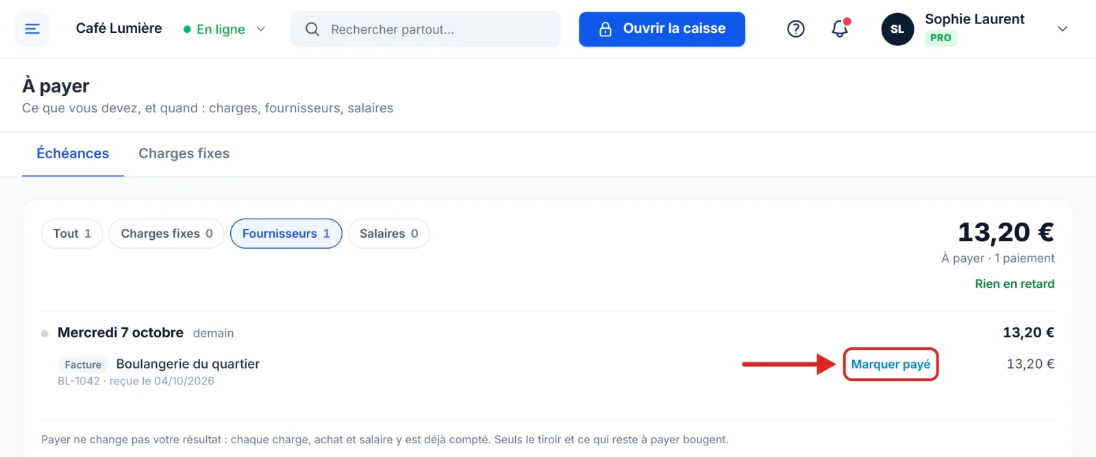 La liste À payer, avec une facture fournisseur à régler