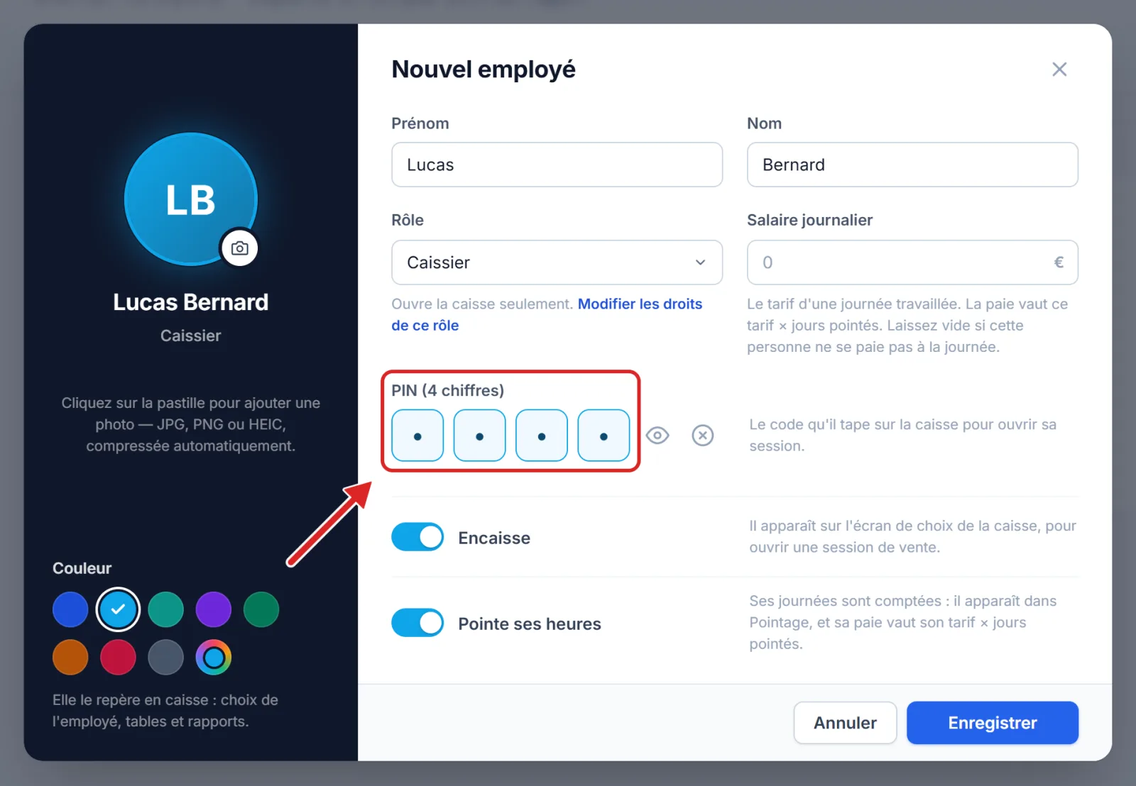 Les quatre cases du code PIN dans la fiche employé