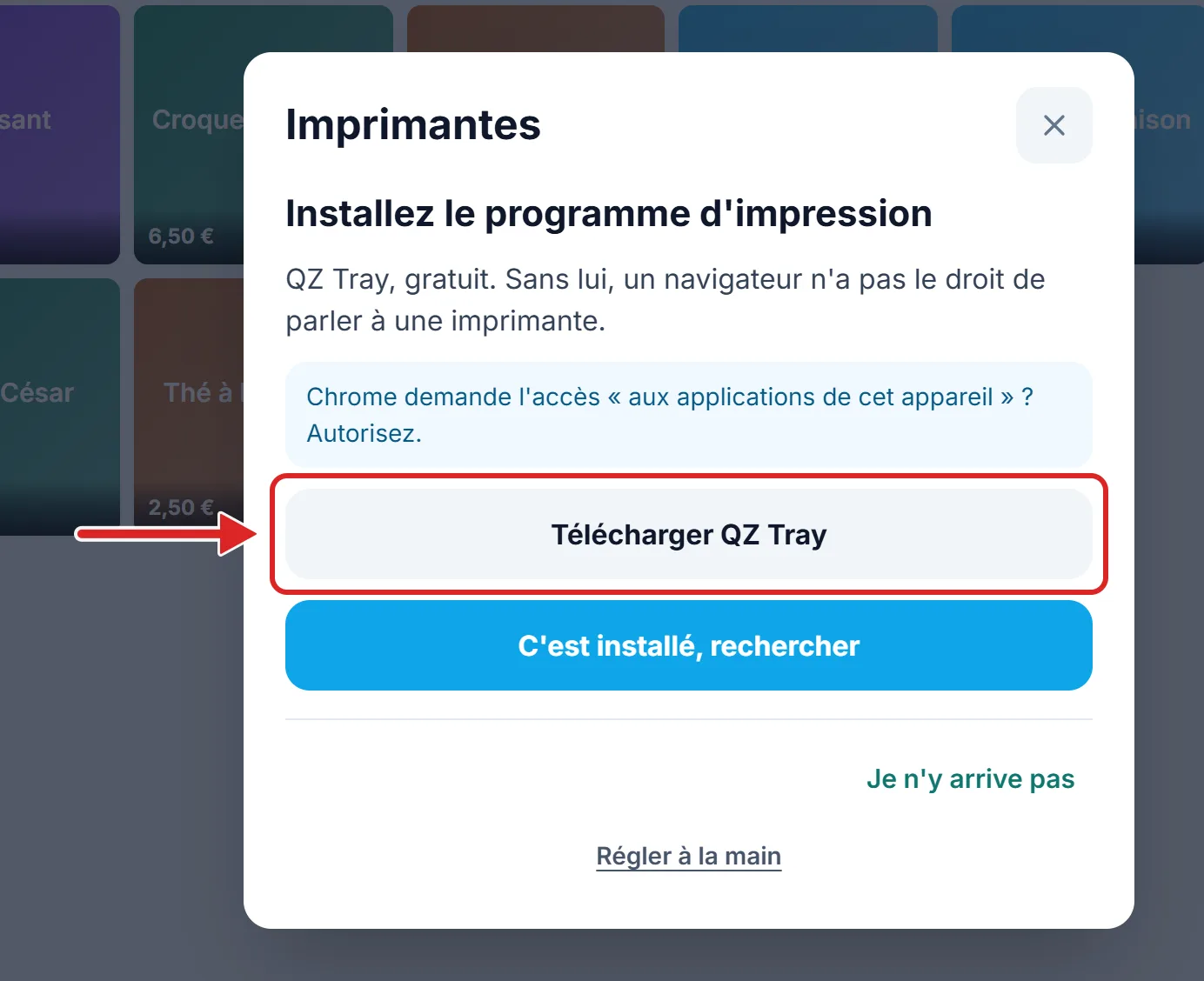 Sur ordinateur, la caisse propose d'installer QZ Tray