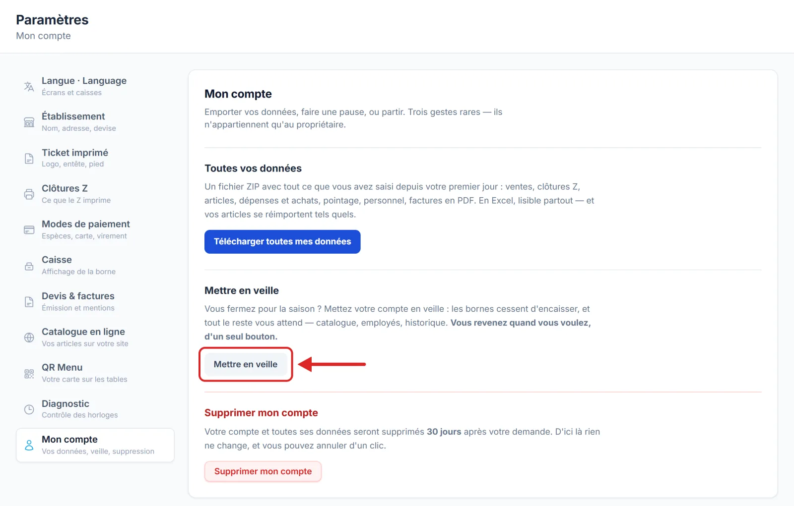 L'écran Mon compte, avec le bouton Mettre en veille