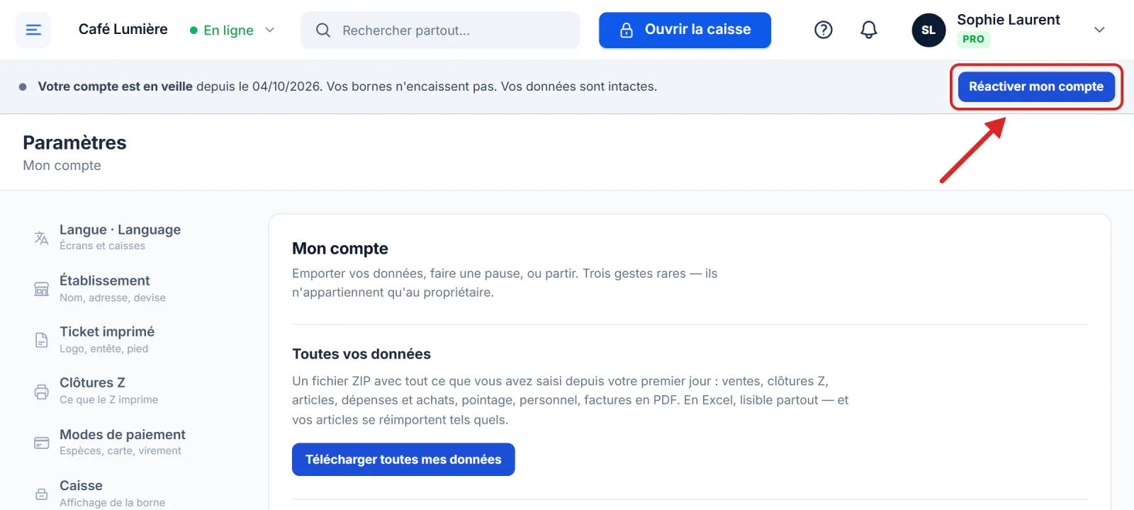 Le bandeau d'un compte en veille, avec le bouton Réactiver mon compte