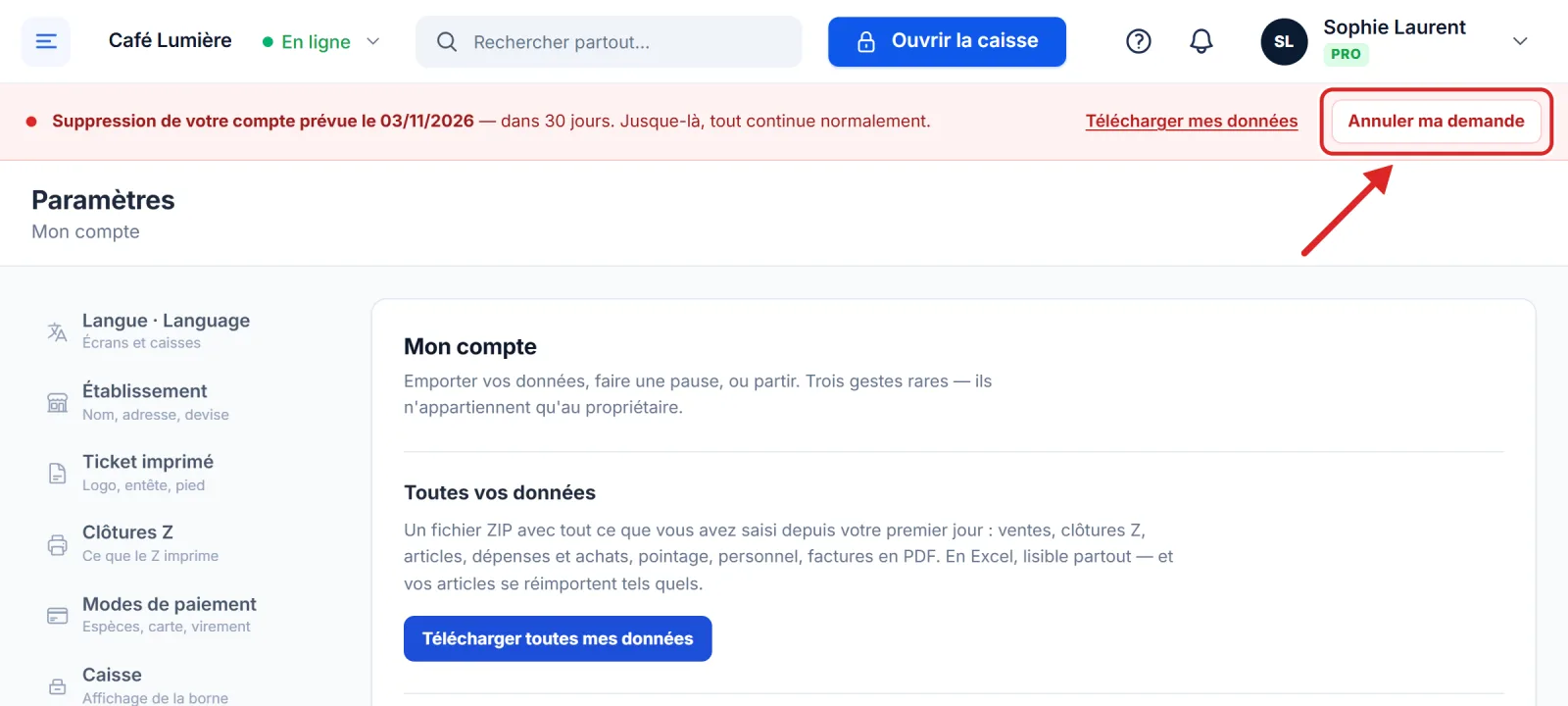 Le bandeau d'une suppression demandée, avec le bouton Annuler ma demande