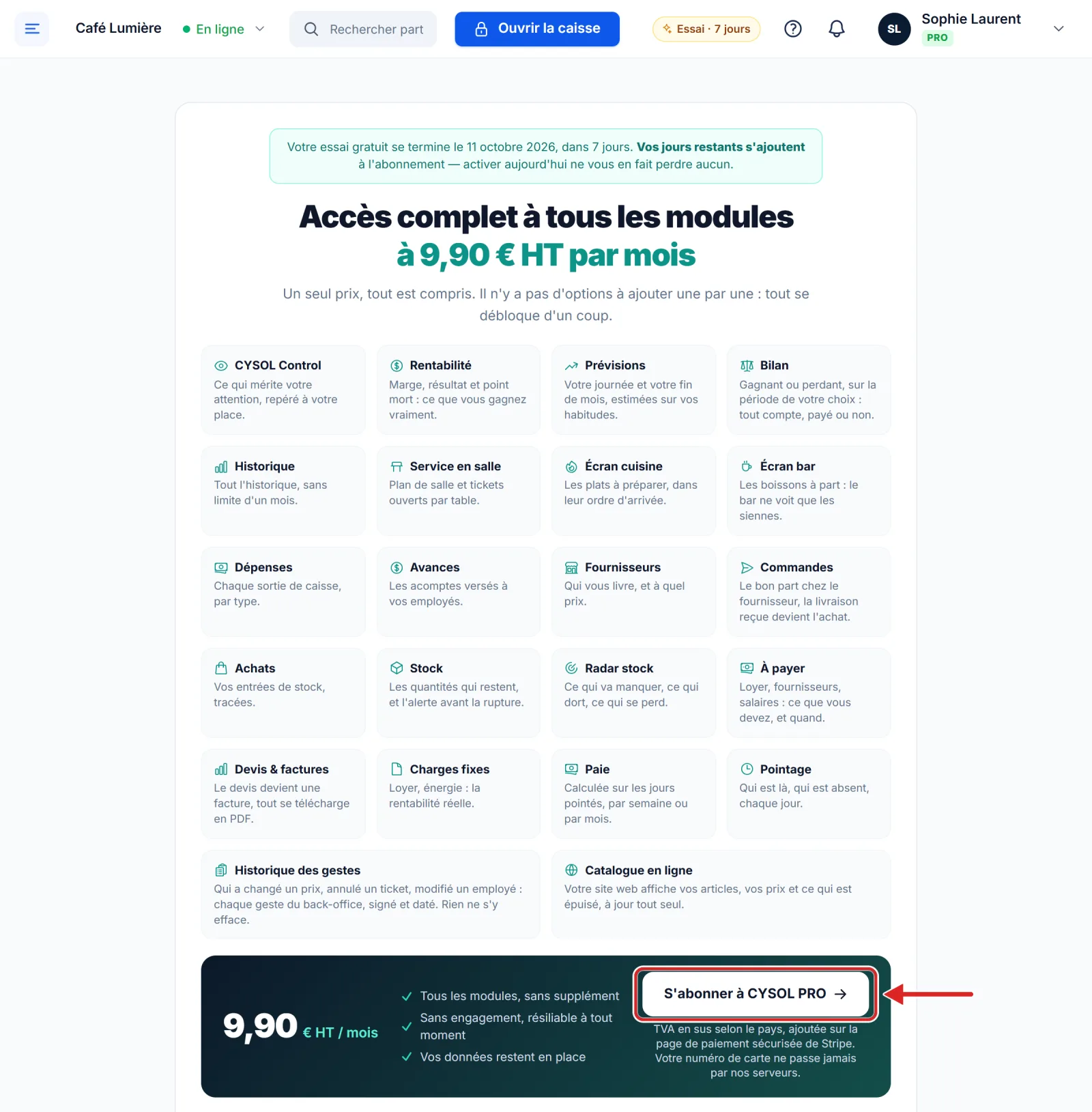 Le bouton S'abonner à CYSOL PRO, pendant l'essai gratuit