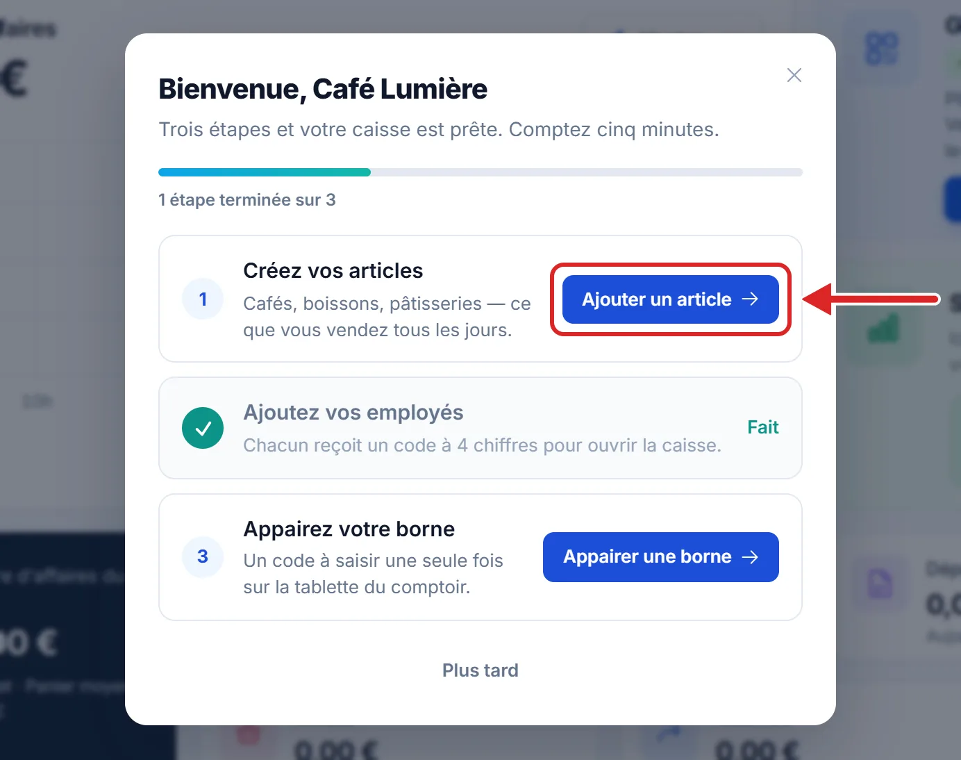 La fenêtre de bienvenue et ses trois étapes de démarrage