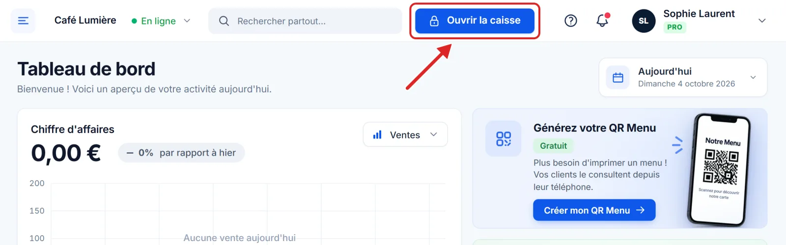 Le bouton Ouvrir la caisse, dans la barre du haut du back-office