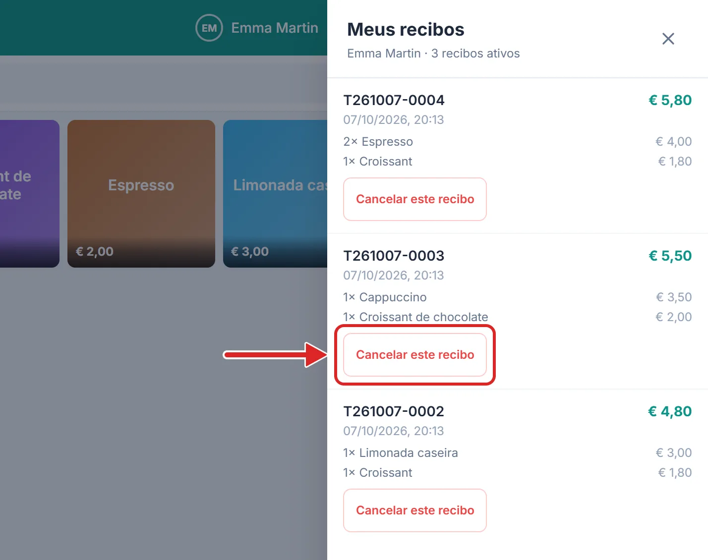 A lista “Meus recibos” do caixa
