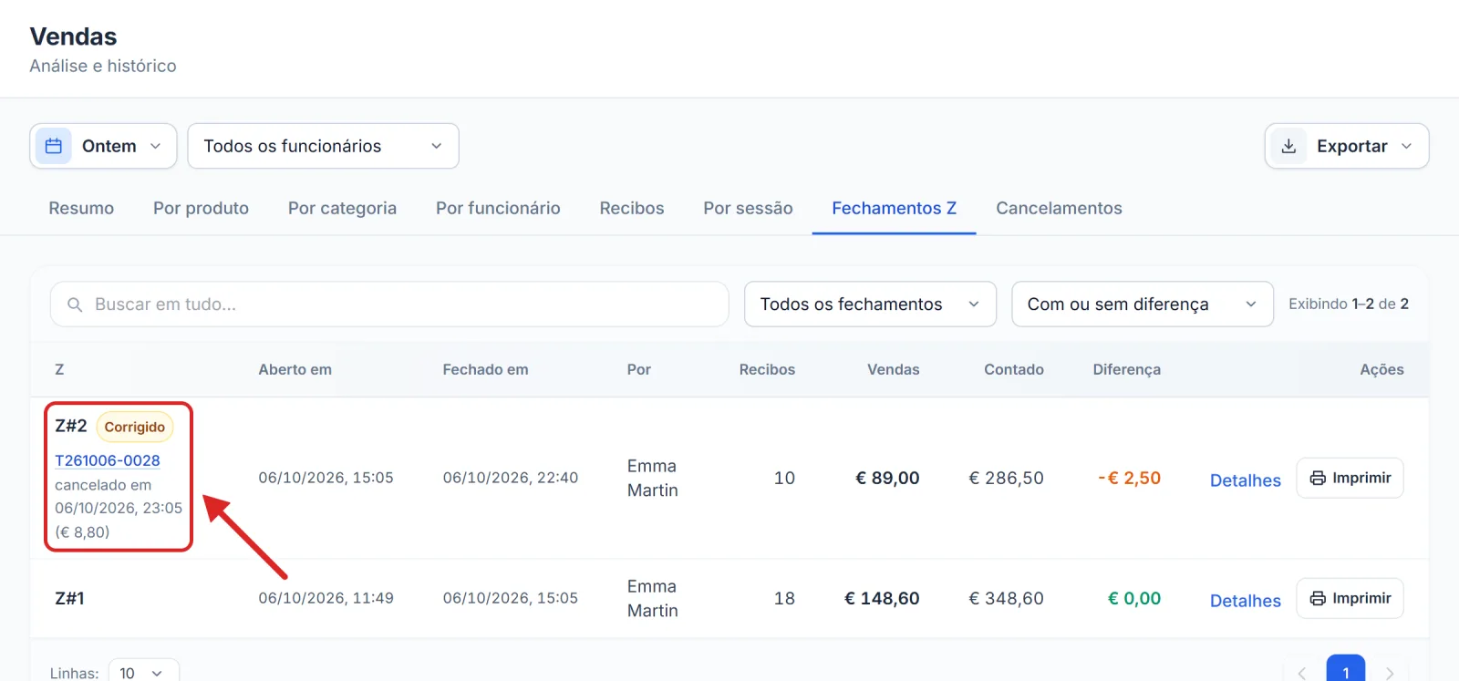Um fechamento Z marcado como “Corrigido”