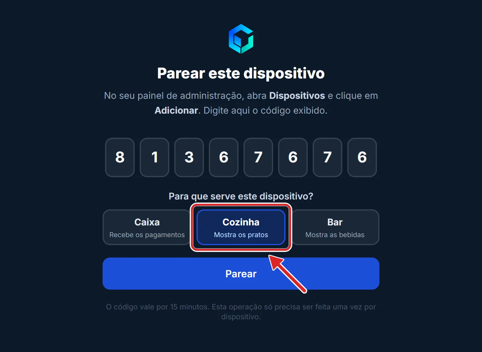 O tablet pergunta para que serve: Caixa, Cozinha ou Bar