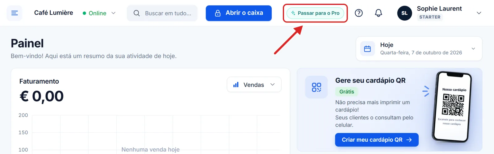 A barra superior de uma conta Starter, com o botão Passar para o Pro