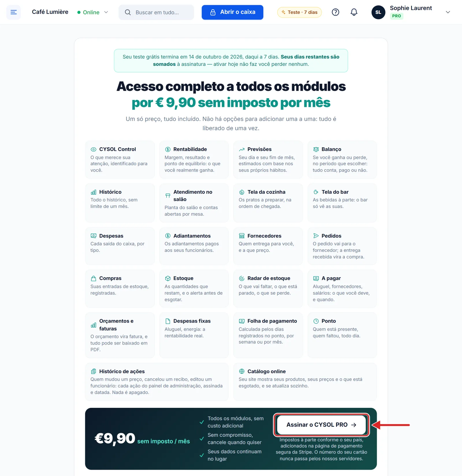 O botão Assinar o CYSOL PRO, durante o teste grátis