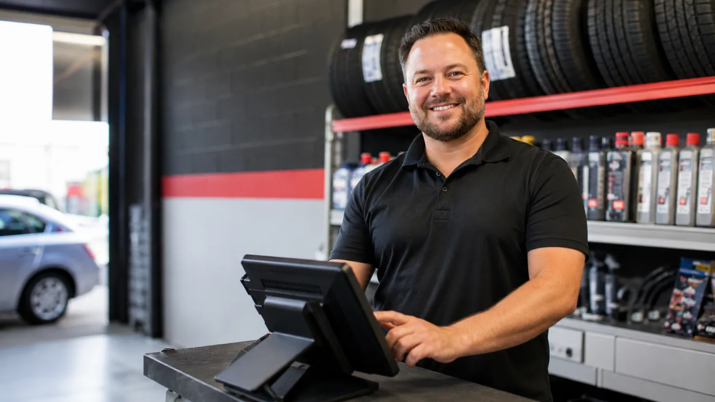 Au comptoir d'un centre auto, un vendeur encaisse sur une caisse tactile, devant les pneus et les bidons d'huile.