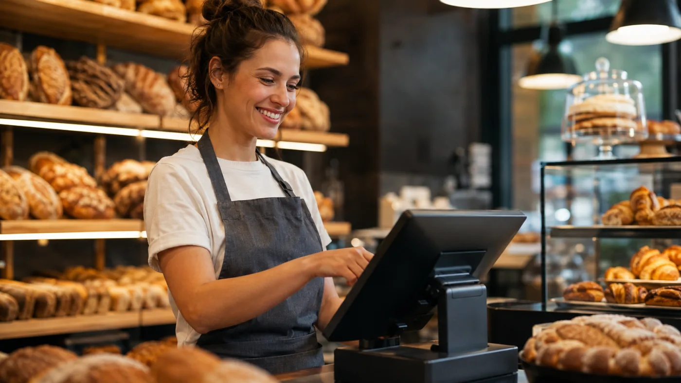 Dans une boulangerie, une vendeuse saisit une commande sur une caisse tactile, devant les rayons de pains et de viennoiseries.