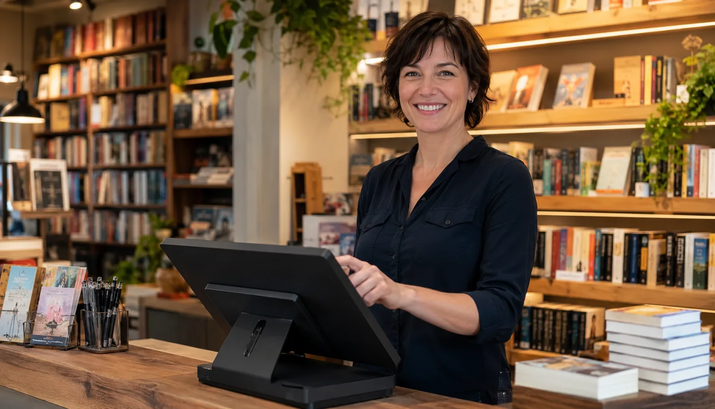 Dans une librairie, une commerçante encaisse sur une caisse tactile, devant les rayons de livres.