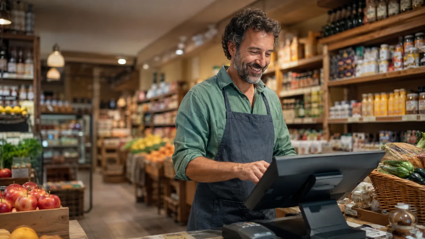 Em uma mercearia, um comerciante registra a venda em um caixa com tela touch, entre as prateleiras de enlatados e os caixotes de frutas.