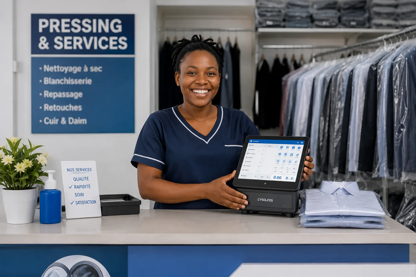 Au comptoir d'un pressing, une employée présente la caisse tactile CYSOL, devant les vêtements sous housse.