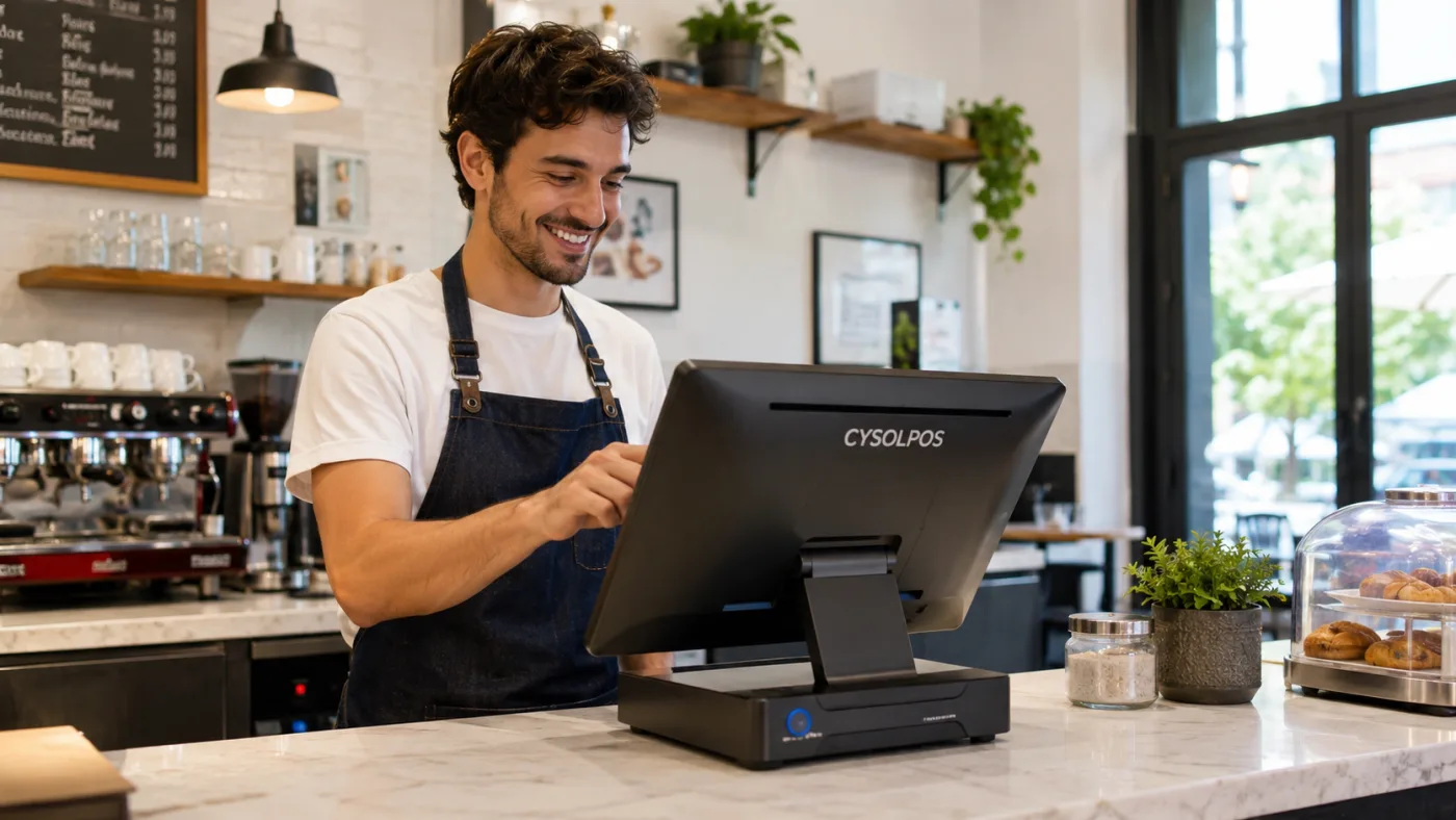 Au comptoir d'un café, un barman encaisse une commande sur une caisse tactile CYSOL.