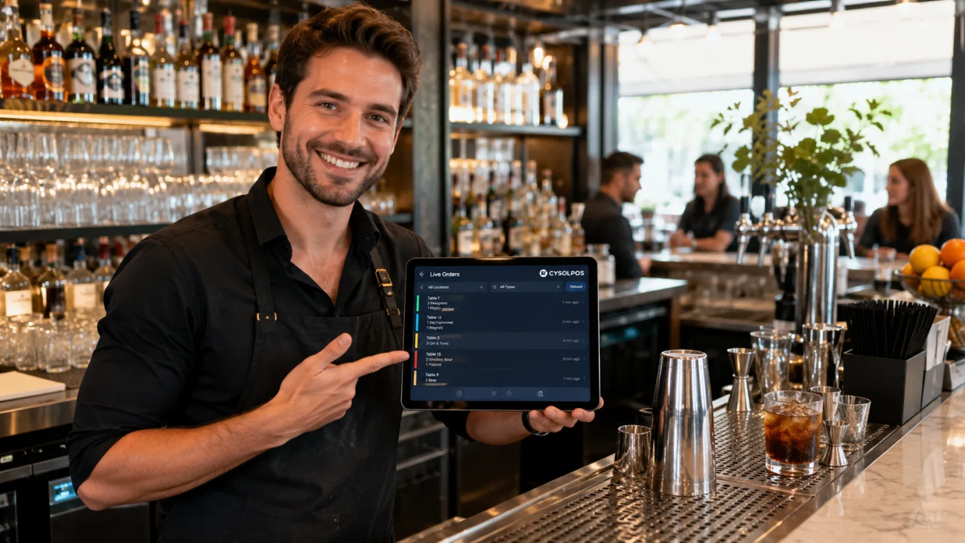 Behind a bar counter, a barman shows the orders in progress on a CYSOL tablet.