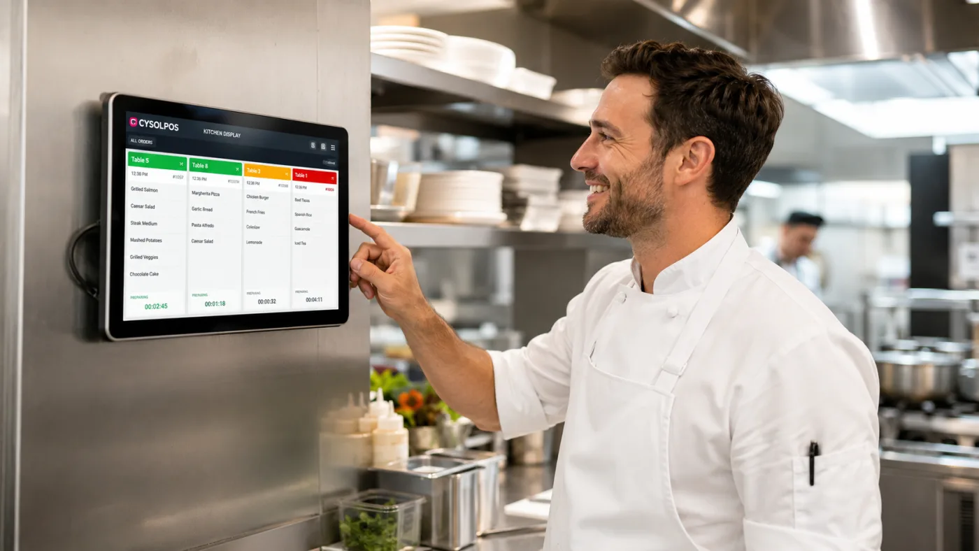 En la cocina, un chef confirma un pedido en la pantalla CYSOL fijada a la pared, entre los platos en preparación.